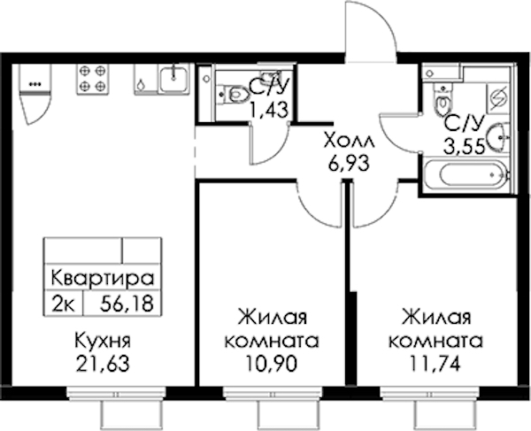 2-комнатная квартира 56.18 м², 2/15 эт., ЖК «Заречный парк»
